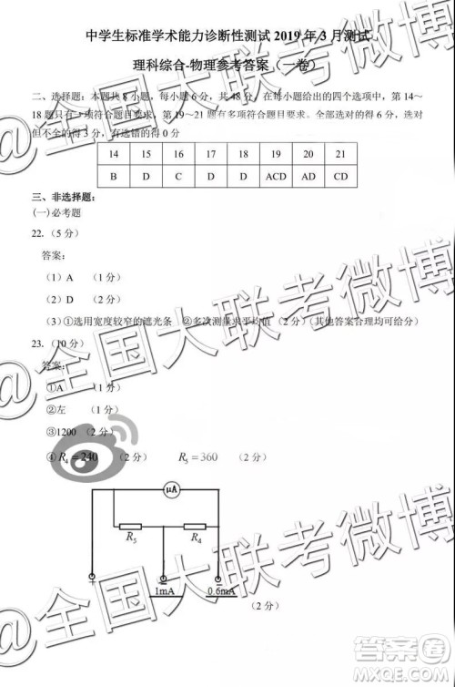 中学生标准学术能力诊断性测试2019年3月测试理综参考答案