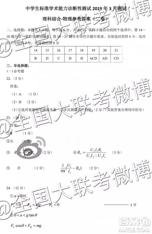 中学生标准学术能力诊断性测试2019年3月测试理综参考答案