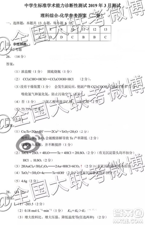 中学生标准学术能力诊断性测试2019年3月测试理综参考答案