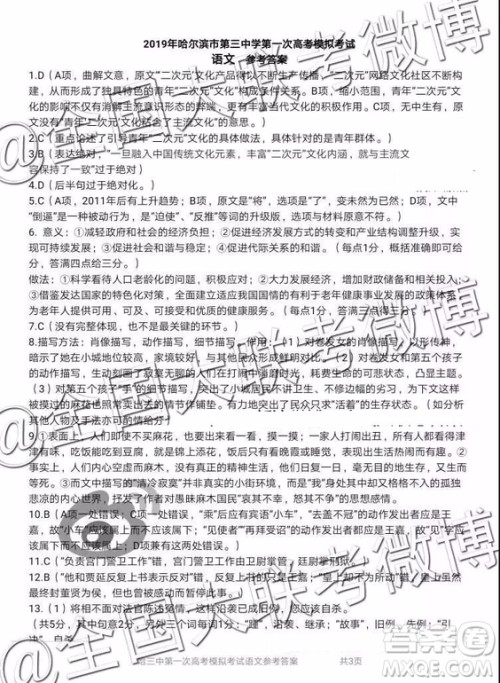 2019年哈三中一模考试语文参考答案