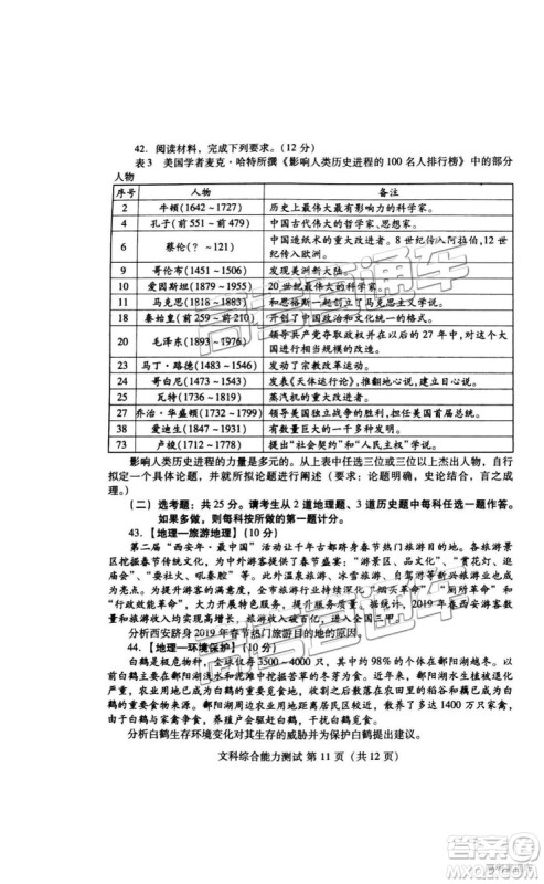 2019年3月潍坊一模文综、理综试题及参考答案 2019年3月潍坊一模文综、理综试题及参考答案