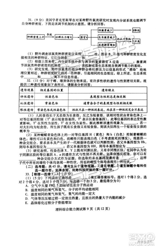 2019年3月潍坊一模文综、理综试题及参考答案