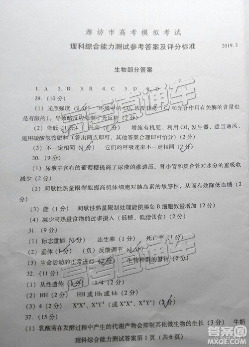 2019年3月潍坊一模文综、理综试题及参考答案 2019年3月潍坊一模文综、理综试题及参考答案