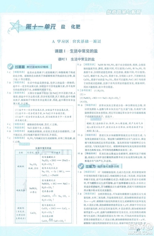 2019版一遍过初中化学九年级下册RJ人教版南京师范大学出版社答案