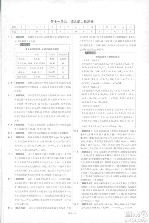2019版一遍过初中化学九年级下册RJ人教版南京师范大学出版社答案