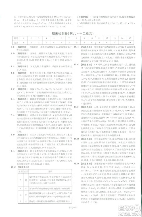 2019版一遍过初中化学九年级下册RJ人教版南京师范大学出版社答案