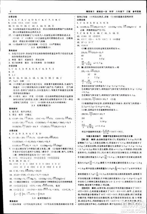 2019春精彩练习就练这一本八年级下科学Z版浙教版9787517814139参考答案