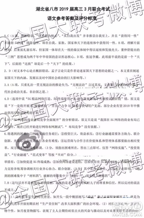 湖北省八市2019届高三3月联合考试语文答案解析 湖北省八市2019届高三3月联合考试语文答案解析