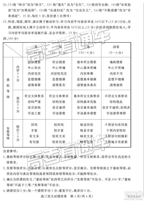 2019年3月德州一模语文试卷及参考答案 2019年3月德州一模语文试卷及参考答案