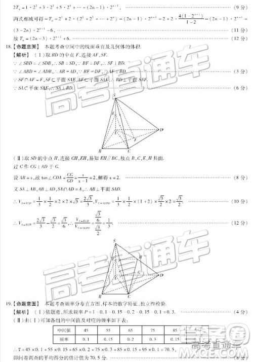 2019年3月天一大联考高三第四次联考数学河南版参考答案 2019年3月天一大联考高三第四次联考数学河南版参考答案