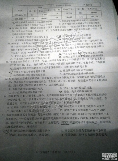 2019年3月南充二诊文理综试题及参考答案 2019年3月南充二诊文理综试题及参考答案