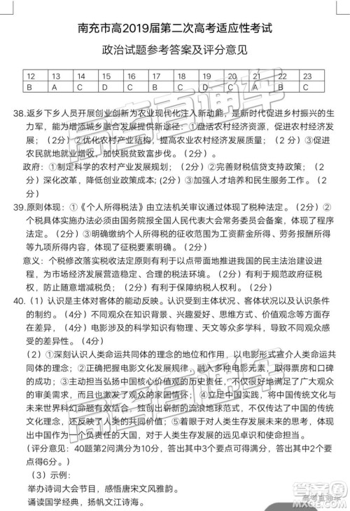 2019年3月南充二诊文理综试题及参考答案 2019年3月南充二诊文理综试题及参考答案