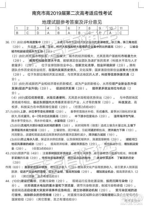 2019年3月南充二诊文理综试题及参考答案 2019年3月南充二诊文理综试题及参考答案