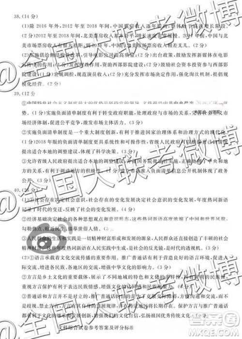 2019年普通高等学校招生全国统一模拟考试文综A参考答案 2019年普通高等学校招生全国统一模拟考试文综A参考答案