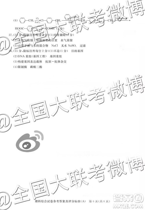 2019年普通高等学校招生全国统一模拟考试理综A参考答案 2019年普通高等学校招生全国统一模拟考试理综A参考答案