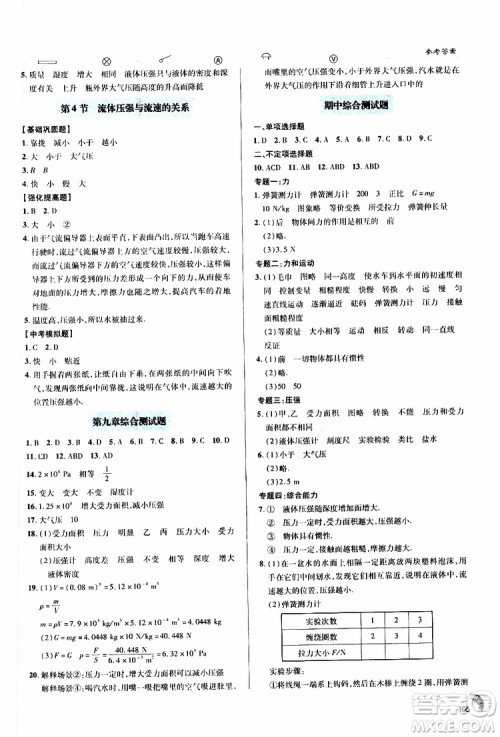 金博士2019年轻巧夺冠八年级物理下册青岛专版参考答案