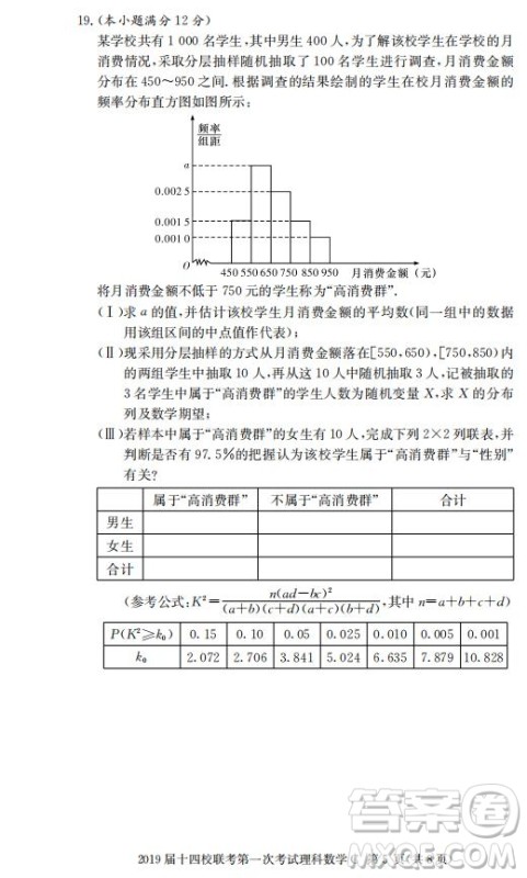 湘赣十四校2019届高三下学期第一次联考数学试题及答案解析