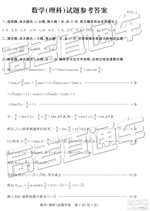 2019年3月德州一模数学试题及参考答案