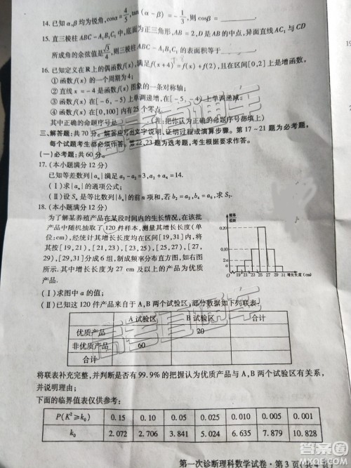 2019年3月高三甘肃一诊数学参考答案 2019年3月高三甘肃一诊数学参考答案