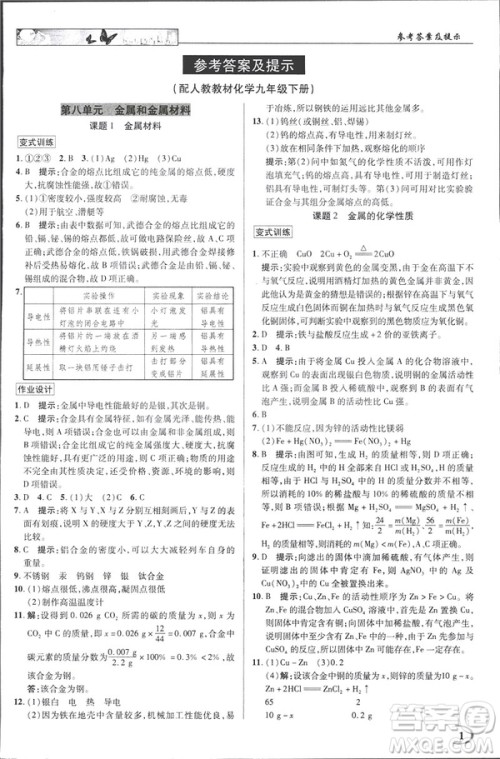 2019春新世纪英才教程人教版中学奇迹课堂九年级化学下册答案