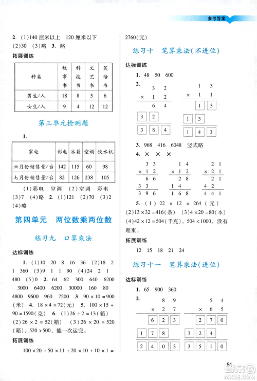 2019人教版阳光学业评价小学三年级下册数学广州地区用答案