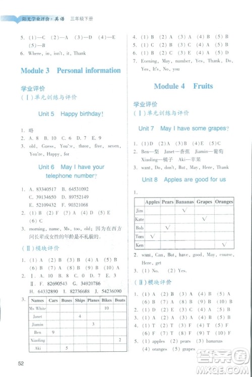 2019阳光学业评价三年级下册英语广州教科版地区专用答案