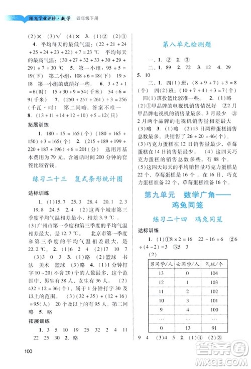 2019阳光学业评价四年级下册数学人教版广州专用答案 2019阳光学业评价四年级下册数学人教版广州专用答案