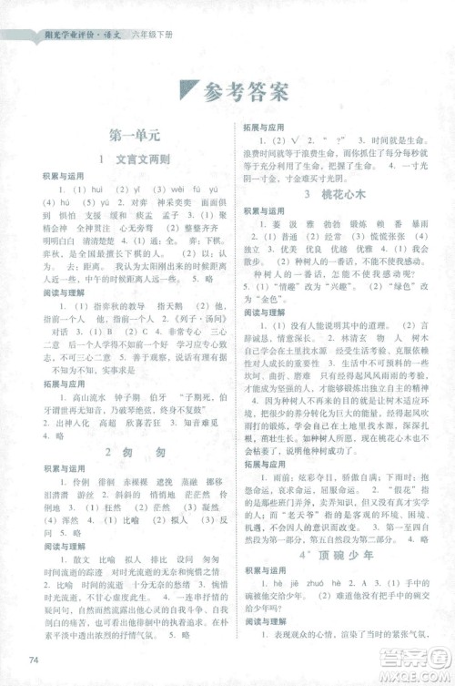 2019春阳光学业评价语文六年级下册人教版广州地区专用答案 2019春阳光学业评价语文六年级下册人教版广州地区专用答案