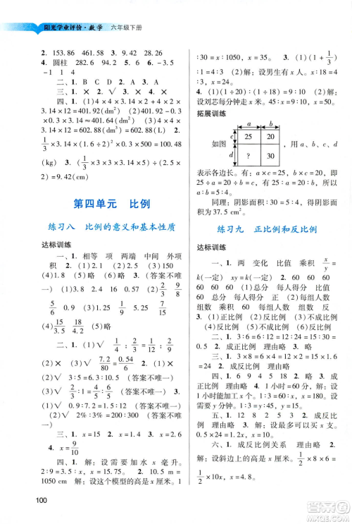 2019阳光学业评价六年级下册数学人教版广州专用答案