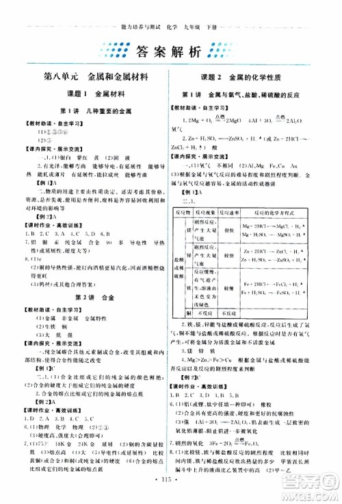 天舟文化2019版能力培养与测试九年级化学下册人教版RJ版参考答案 天舟文化2019版能力培养与测试九年级化学下册人教版RJ版参考答案