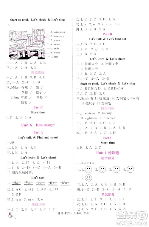 2019新版人教版PEP版小学三年级下册英语课时练同步导学案参考答案