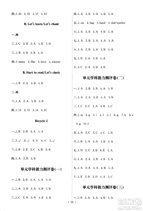 人教版PEP版2019年小学英语能力培养与测试三年级下册参考答案