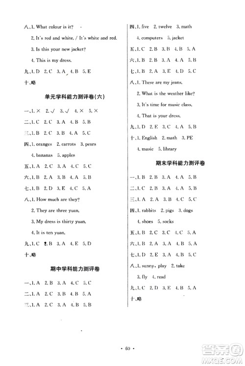 人教版PEP2019版小学四年级下册英语能力培养与测试参考答案