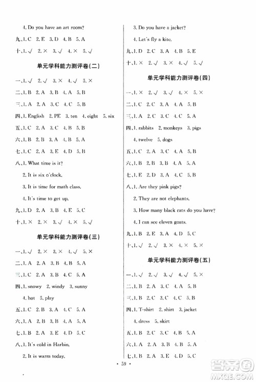 人教版PEP2019版小学四年级下册英语能力培养与测试参考答案