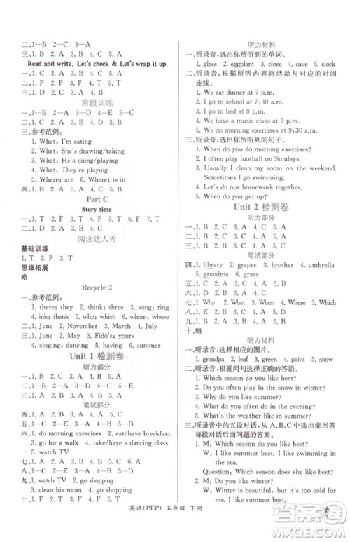 2019人教版五年级下册英语同步导学案课时练参考答案
