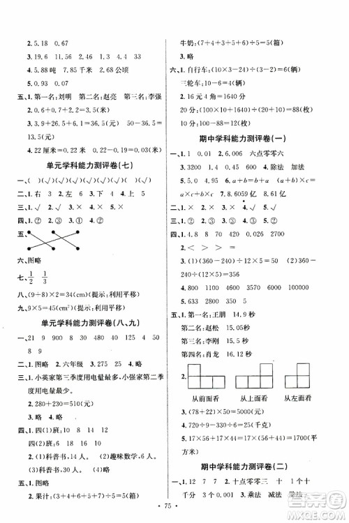 人教版2019年小学四年级下册数学能力培养与测试参考答案 人教版2019年小学四年级下册数学能力培养与测试参考答案