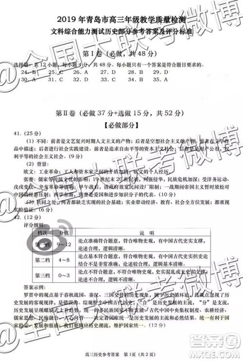 2019年3月高三青岛一模文综参考答案 2019年3月高三青岛一模文综参考答案