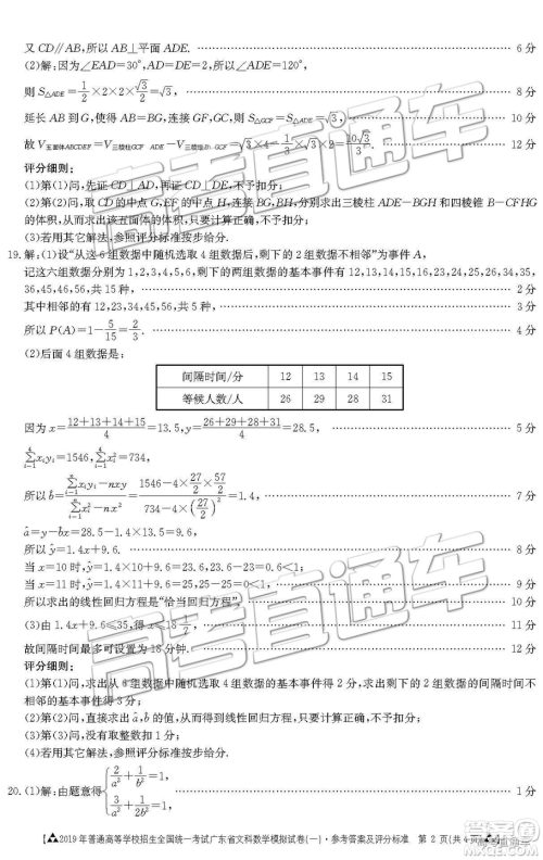 2019年3月广东一模高三数学试卷及参考答案 2019年3月广东一模高三数学试卷及参考答案