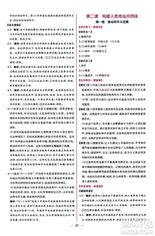 2019人教版九年级下册道德与法治课时练同步学历案答案