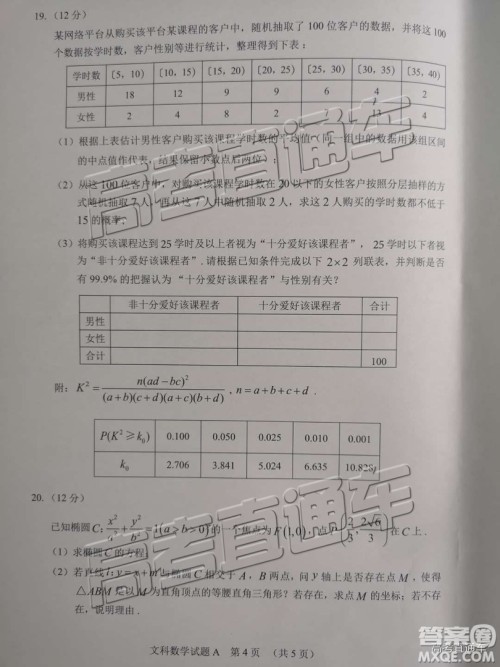 2019年3月广州一模文数试题及参考答案