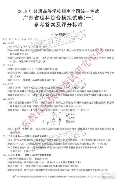 2019年3月广东一模高三文理综参考答案 2019年3月广东一模高三文理综参考答案