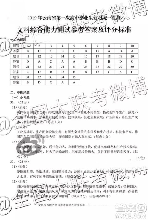 2019年3月云南高三省统测高三文理综参考答案 2019年3月云南高三省统测高三文理综参考答案