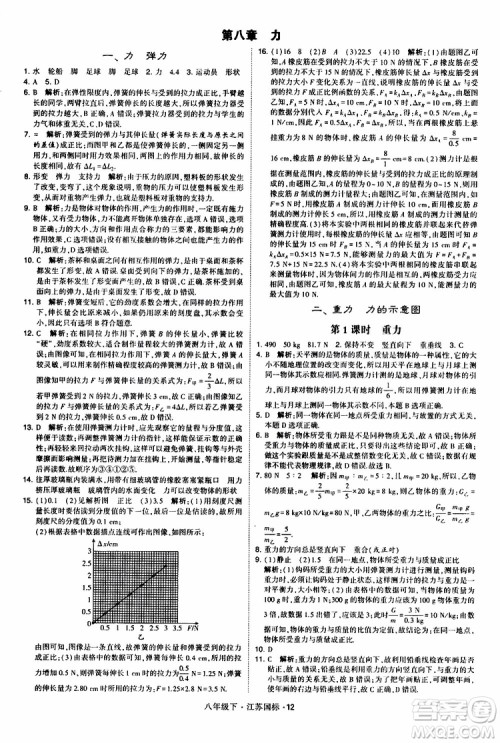 经纶学典2019版学霸题中题物理八年级下册江苏国标第三次修订参考答案