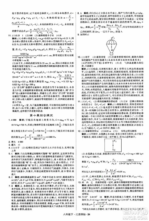 经纶学典2019版学霸题中题物理八年级下册江苏国标第三次修订参考答案