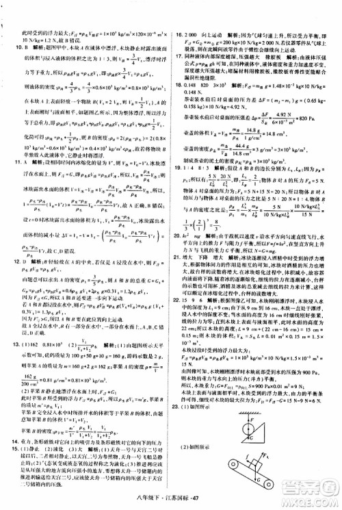 经纶学典2019版学霸题中题物理八年级下册江苏国标第三次修订参考答案