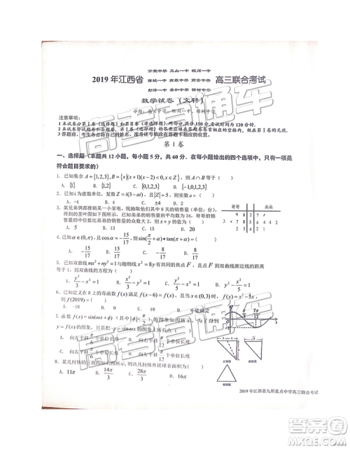 2019年江西省九校3月联考数学试题及参考答案