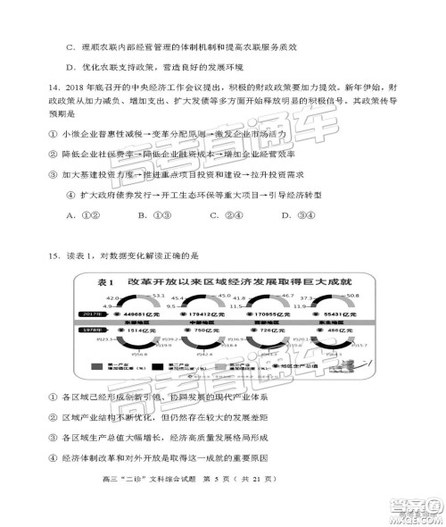 2019年宜宾二诊文综理综试题和参考答案