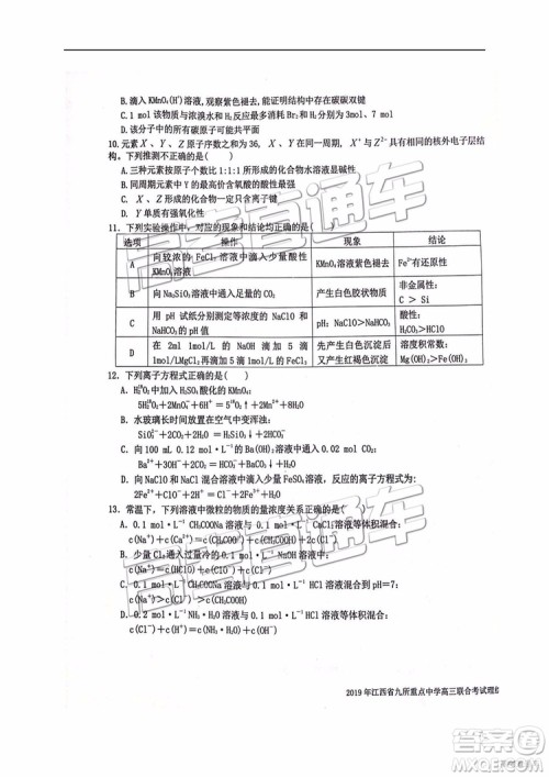 2019年江西省九校3月联考文综理综试题及参考答案