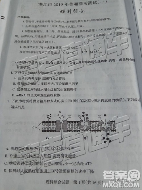 2019年湛江一模、山西一模理综试题及参考答案
