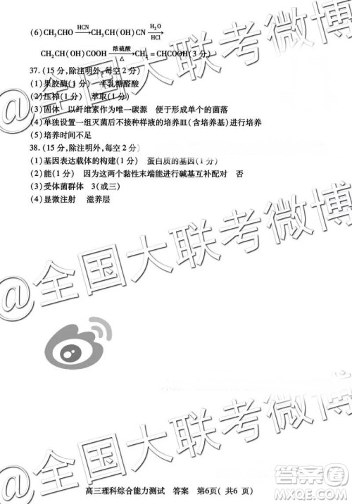 2019年河南省六市高三第一次联考文理综参考答案 2019年河南省六市高三第一次联考文理综参考答案